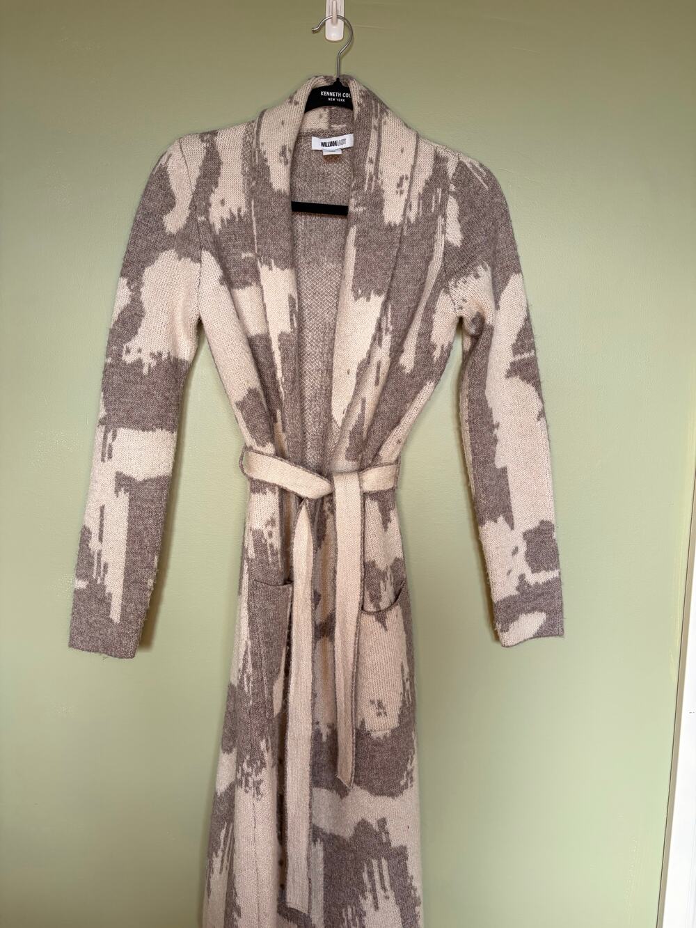 William Rast Long Belted Cardigan Size S Taupe Cream Abstract Camo Duster Sweate